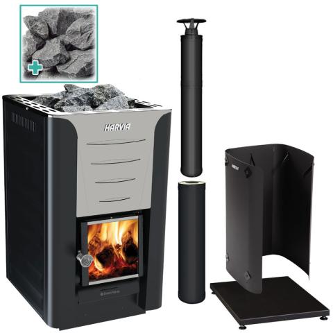 Harvia PRO 20 Wood Burning Stove Kit BK Harvia Pro 20, Chimney Kit, Protective bedding, Shealth, Stones