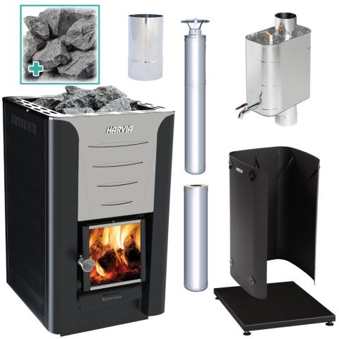 Harvia PRO 20 Deluxe Wood Burning Stove Kit SS Harvia Pro 20, Chimney Kit, Protective bedding, Shealth, Water Heater, Smoke Pipe, Stones