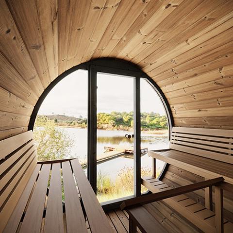 SaunaLife Model EE8G Sauna Barrel Ergo Elegance Series Sauna Barrel 79"L x 91"D Glass Front, 6-Person