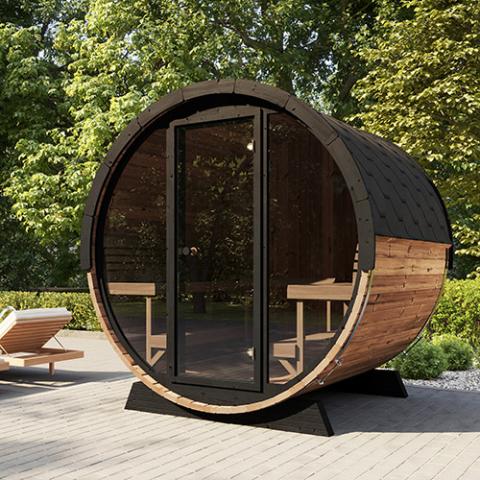 SaunaLife Model EE8G Sauna Barrel Ergo Elegance Series Sauna Barrel 79"L x 91"D Glass Front, 6-Person