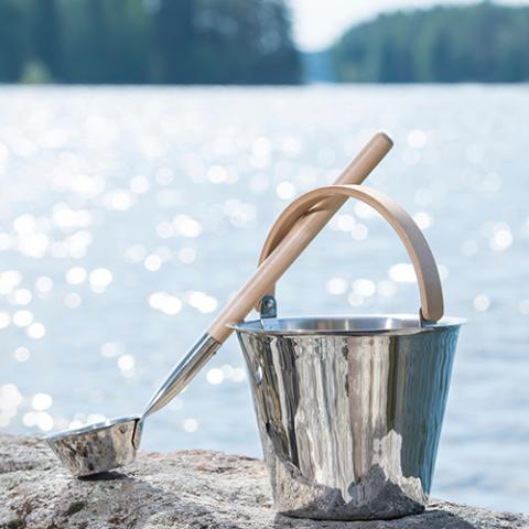 Rento Harri Koskinen Sauna Ladle, Stainless Steel w/ Birch Wood Handle