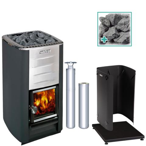 Harvia PRO 20 Wood Burning Stove Kit SS Harvia Pro 20, Chimney Kit, Protective bedding, Shealth, Stones