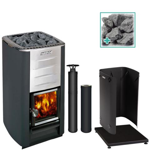 Harvia M3 Wood-Burning Stove Kit BK M3 Stove, Protective Bedding, Sheath, Chimney Kit, Stones