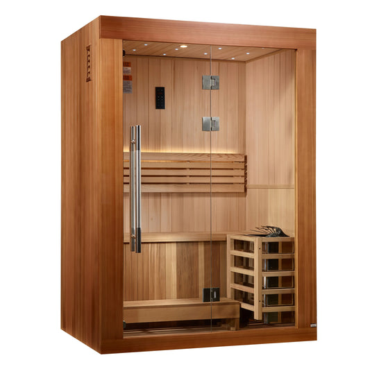 Golden Designs GDI-7289-02 2025 Updated "Sundsvall Edition" 2 Person Traditional Sauna - Canadian Red Cedar Interior and Pacific Premium Clear Cedar Exterior