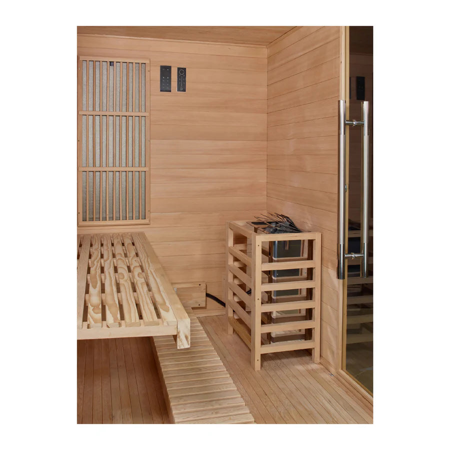 Golden Designs 2025 Soria GDI-8330-01 3 Per Hybrid Sauna (Indoor). Full Spectrum and Harvia Traditional Stove
